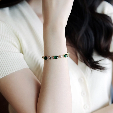 Pulsera De Flores Vintage Aleación Chapada En Oro Estrás Ovalado Verde Cadena Ajustable Joyería Elegante Mujer
