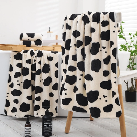 Serviette De Bain Et Serviette De Visage Imprimé Vache Polaire Corail Douce Épaissie Absorbante Salle De Bain Maison Cadeau