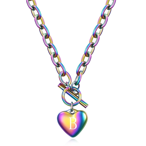 Rainbow Heart Letter Pendant Necklace 304 Stainless Steel Toggle Clasp Iridescent Chunky Chain Fashion Jewelry