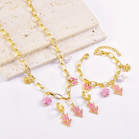 Sweet Pink Tulip Butterfly Bee Titanium Steel Jewelry Set Gold Plated Necklace Bracelet Earrings Artificial Pearl Jewelry