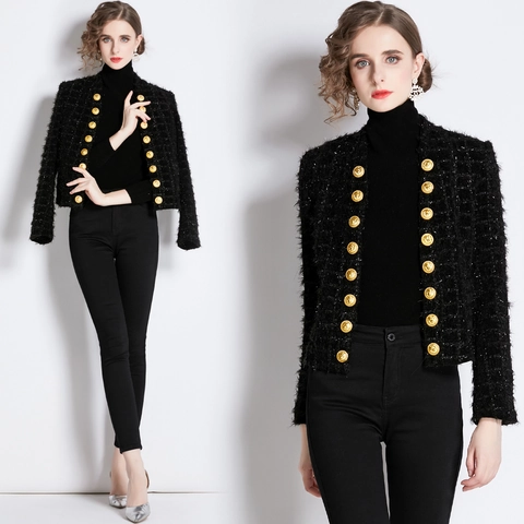 Women Black Tweed Jacket With Gold Buttons Slim Fit Elegant Short Coat Shimmer Textured Polyester Outerwear