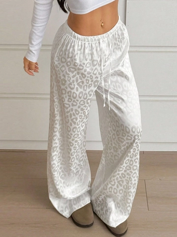 Women Leopard Print Wide Leg Pants High Waisted Satin Elastic Drawstring Casual Loose Trousers Loungewear