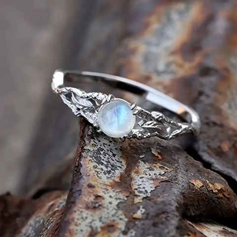 Vintage Copper Ring With Round Synthetic Moonstone Hollow Vine Leaf Pattern Retro Style For Women