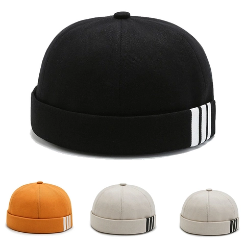 Brimless Docker Hat Cotton Twill Retro Sailor Cap Triple Stripe Streetwear Adjustable Hip Hop Miki Hat For Men Women