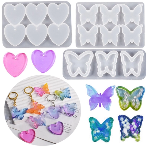Moule En Silicone Papillon Coeur DIY Résine Bijoux Porte-Clés Outil De Fabrication Multi-Cavités Transparent