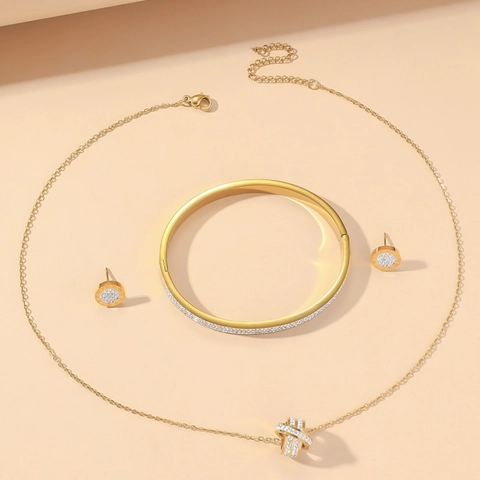 Set di Gioielli con Numeri Romani Strass Pavé per Donna in Acciaio Inossidabile Oro Ciondolo Circolare Collana Bracciale Orecchini a Bottone Moda