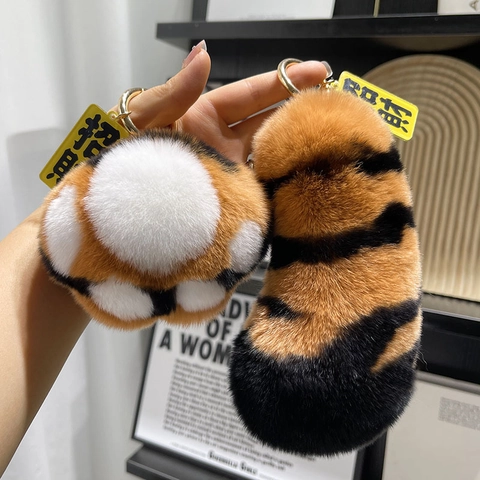 Tiger Schwanz Und Pfote Plüsch Schlüsselanhänger Kunstfell Gestreift Flauschig Tasche Anhänger Auto Schlüsselring
