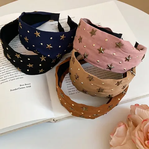 Dames Brede Hoofdband Faux Suède Ster Klinknagels Haarrand Antislip Retro Mode Haar Accessoire