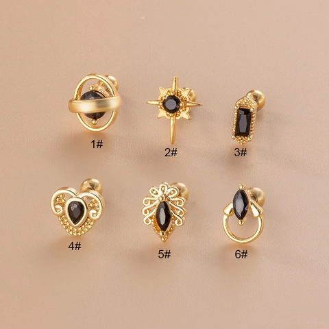 Boucles D'oreilles Cartilage En Zircon Noir Rétro Acier Inoxydable Vis À Double Tête Piercing Style Géométrique Bijoux