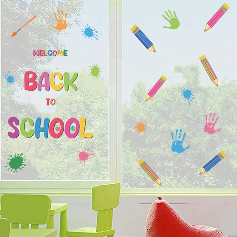 Back To School Wall Stickers PVC Colorful Crayon Pencil Rainbow Handprint Classroom Kindergarten Kids Room Decoration Cartoon