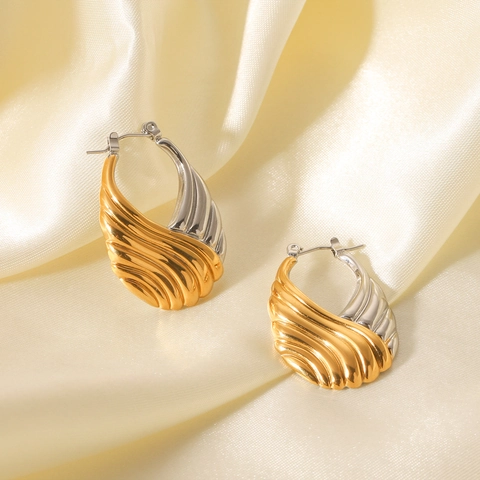 Orecchini A Cerchio In Acciaio Inossidabile Bicolore Oro E Argento Texture Ondulata Gioielli Geometrici Donna
