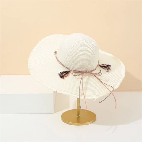 Wide Brim Straw Hat For Women Summer Beach Sun Protection Woven Bow Decor Fringed Edge Breathable Vacation