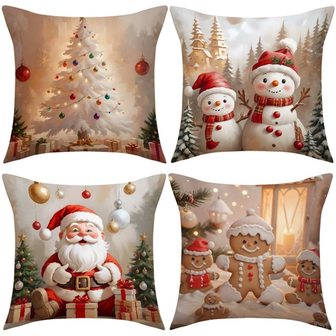 Christmas Pillow Case Linen Fabric Decorative Cushion Cover Snowman Santa Claus Pattern Holiday Home Decor Square Soft
