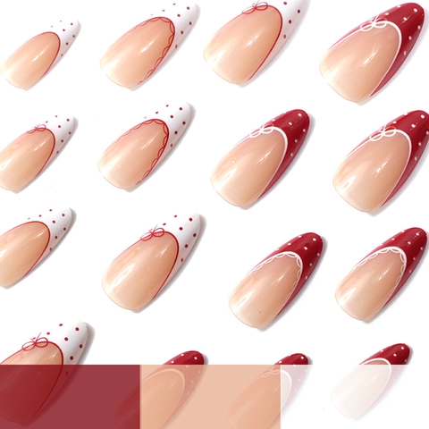 Unghie Finte A Mandorla Francesi Rosse Bianche Lunghe Pois Motivo Fiocco Pizzo Design Plastica Manicure Per Donne Elegante