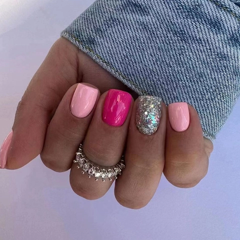 Short Square Press On Nails Pink Rose Red Silver Glitter Artificial Fake Nails Sweet Girl Style For Women