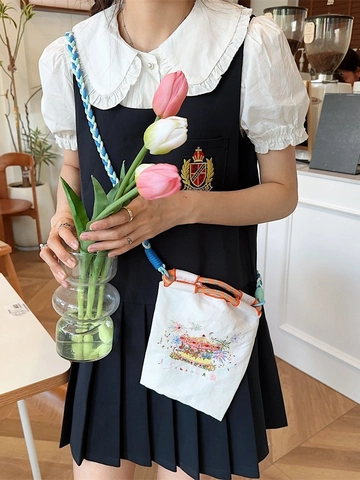 Mini Handbag Oxford Cloth Carousel Embroidery Crossbody Bag With Braided Rope Strap Japanese Sweet Style Women