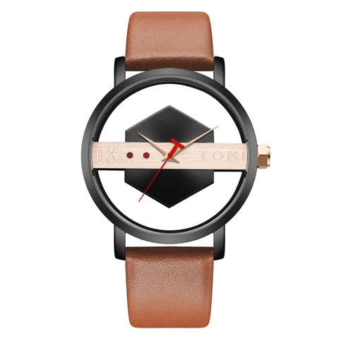 Skeleton Design Mechanical Watch Men Minimalist Hollow Hexagon Dial Leather Strap Alloy Case Casual Fashion Wristwatch