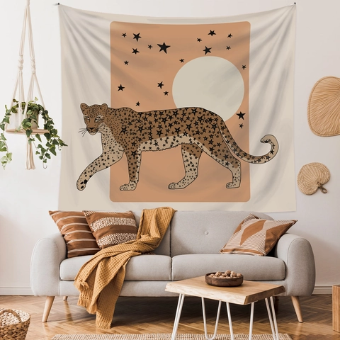 Wall Tapestry Leopard Star Moon Pattern Aesthetic Bohemian Illustration Polyester Fabric Hanging Decor For Bedroom Living Room