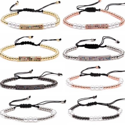 Pulsera De Cuentas Trenzada Hecha A Mano Cuentas De Cobre Micro Circonita Colorida Perla Artificial De Imitación Ajustable Unisex