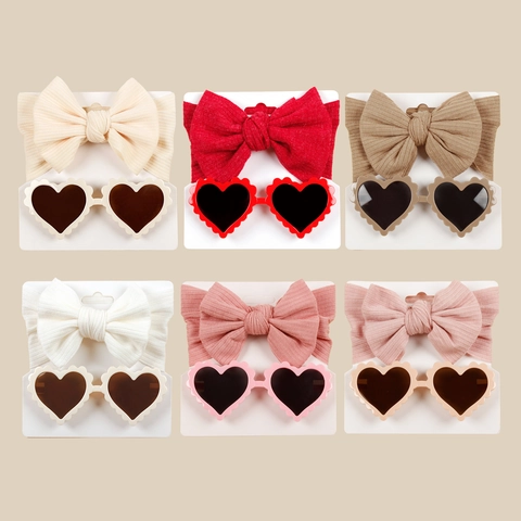 Baby Girls Ribbed Knit Big Bow Headband And Heart Shaped Sunglasses Toddler Infant Accessories Photography Props Solid Color