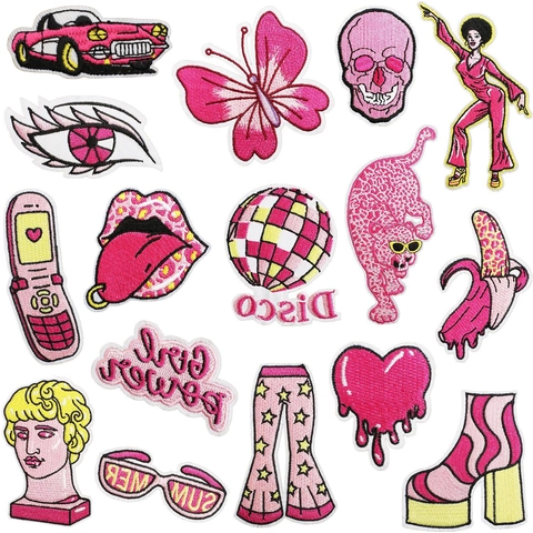 Pink Bestickte Aufnäher Retro Millennium Stil DIY Aufbügler Applikationen Für Kleidung Taschen Jeans Dekorative Mode Abzeichen