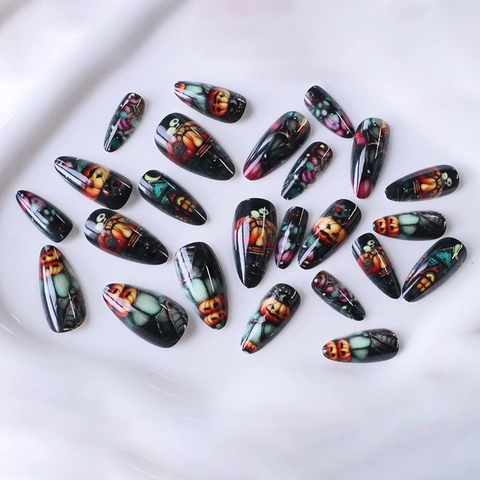 Halloween Press On Nails Long Almond False Nails Pumpkin Ghost Moon Art 3D Relief Rhinestones Manicure For Women