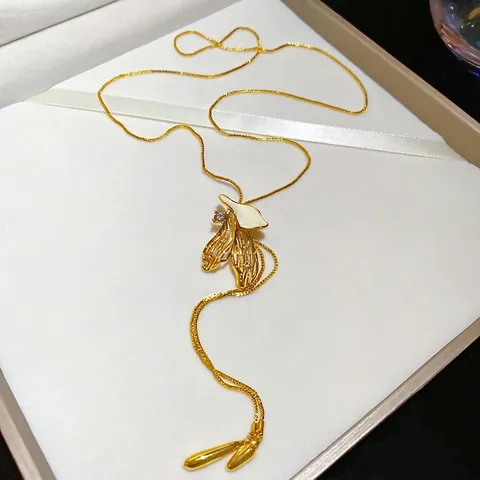 French Vintage Long Pendant Necklace Gold Plated Alloy White Enamel Petal Leaf Design Rhinestone Elegant Jewelry For Women