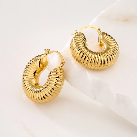 Orecchini A Cerchio In Rame Placcato Oro Vero Stile Retrò Francese Texture A Coste Croissant Gioielli Per Donna