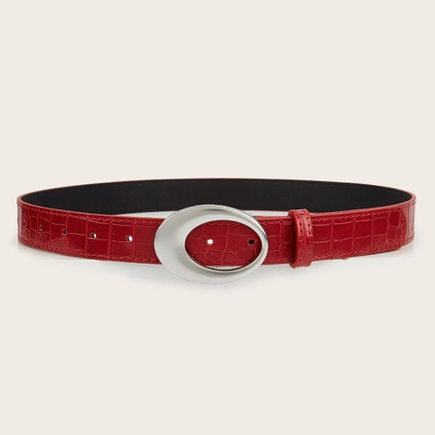 Women American Retro Y2K Faux Leather Belt With Silver Oval Metal Buckle Crocodile Pattern Embossed Fashion Waist Belt
