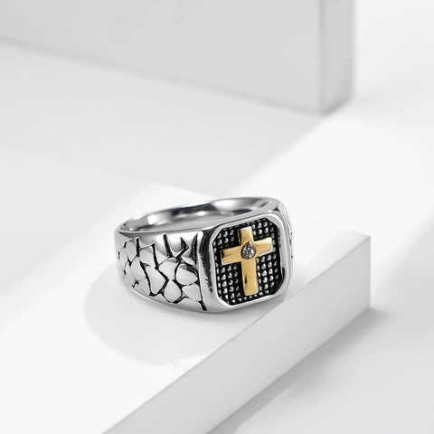 Anello con Sigillo in Acciaio Inossidabile con Croce Vintage da Uomo Con Intarsio in Strass Gioielli Punk Biker Party