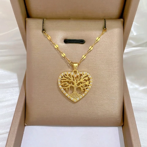 Collar Colgante Corazón Cadena Acero Inoxidable Y Latón Árbol De Vida Hueco Incrustación Zirconia Joyería De Lujo Para Mujer