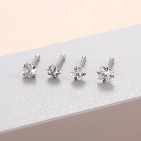 Nose Studs Stainless Steel Cubic Zirconia Heart Star Square Round Shapes L Shaped Straight Bone Body Piercing Jewelry