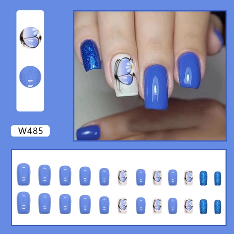 Blue Butterfly Daisy Press On Nails Square Glossy Glitter Artificial Fake Nails Summer Style For Women