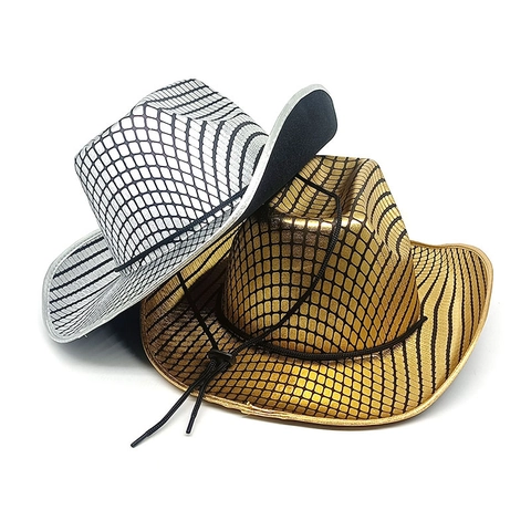 Cappello Da Cowboy Occidentale Metallico Lucido Disco Paillettes Tesa Larga Cordino Regolabile Costume Palcoscenico Festa Unisex