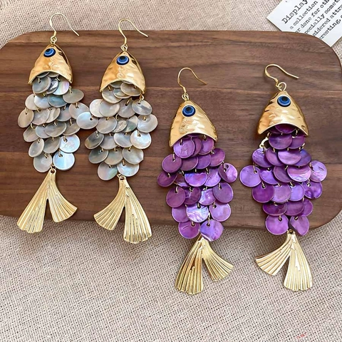 Pendientes Colgantes Forma Pez Bohemio Aleación Oro Escamas Concha Brillantes Ojo Turco Detalles Azules Joyería Vacaciones