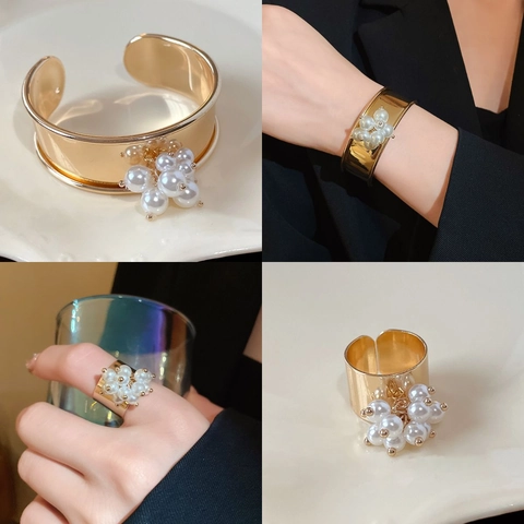 Gold Plated Wide Open Bracelet And Ring With Cluster Imitation Artificial Pearls Elegant French Vintage Jewelry For Women