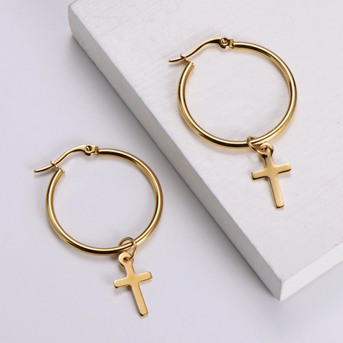 Orecchini A Cerchio In Acciaio Inossidabile Con Ciondoli A Croce Placcati Oro 18K Gioielli Minimalisti Da Donna