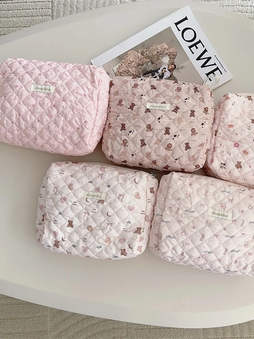 Borsa Per Cosmetici In Cotone Trapuntato Grande Capacità Cerniera Organizzatore Da Viaggio Cartone Animato Per Donne