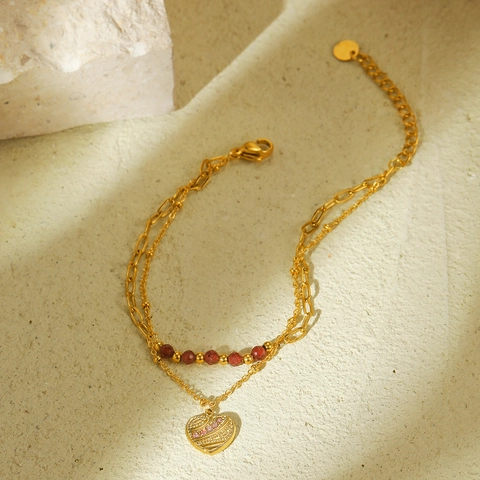 Pulsera de Doble Capa de Acero Inoxidable con Colgante de Corazón para Mujer Chapada en Oro Piedra Natural Strass Joyería