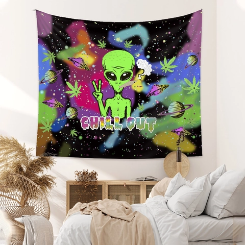 Alien Weed Leaf Psychedelic Tapestry Wall Hanging Chill Out Space UFO Tapestry For Bedroom Living Room Dorm Polyester Art Decor