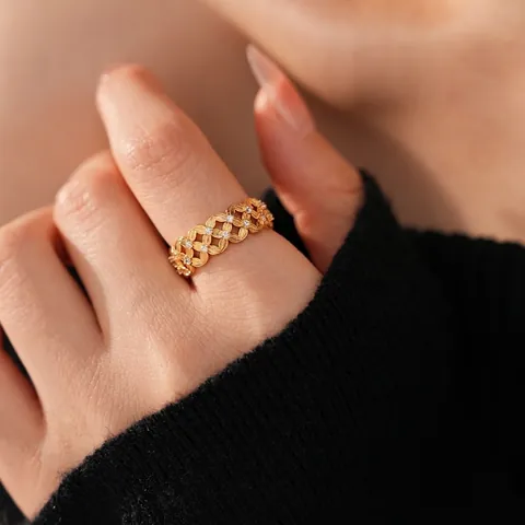 Hohl Offener Ring 18K Vergoldetes Kupfer Zirkonia Eingelegt Gewebt Geometrisch Verstellbar Mode Schmuck Für Frauen