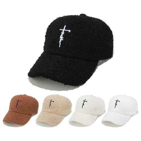 Women Winter Faux Lamb Wool Baseball Cap Faith Cross Embroidery Warm Fleece Hip Hop Snapback Hat Outdoor Casual Duckbill Cap