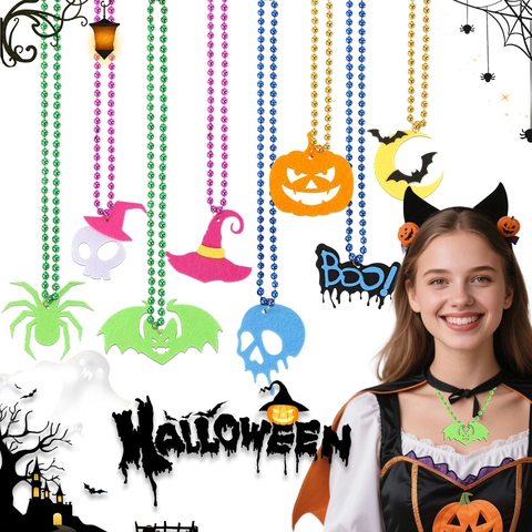 Collier Fluorescent Halloween Pendentif en Feutre Chaîne de Perles en Plastique Décoration de Fête Citrouille Chauve-souris Crâne Pour Hommes Femmes