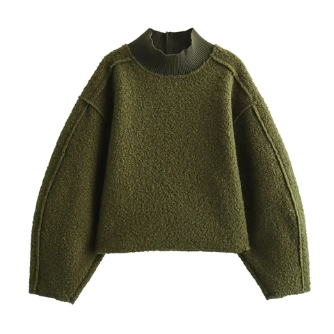 Maglione Donna Maglia Strutturata Collo Alto Vestibilità Ampia Maniche A Lanterna Casual Chic Morbido Caldo Top Tinta Unita