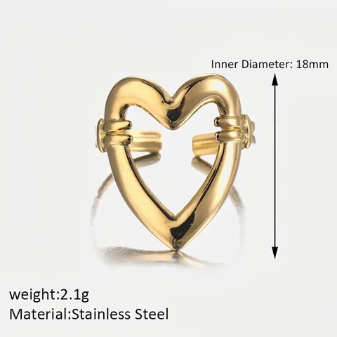 Minimalistisch Hartvormig Hol Open Ring Voor Dames Mode 304 Roestvrij Staal 18K Verguld Verstelbaar Vinger Sieraden