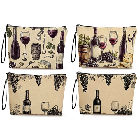 Trousse Maquillage Imprimé Vin Vintage Toile Lin Multifonctionnelle Voyage Pochette Rangement Cosmétique Avec Fermeture Éclair Et Dragonne