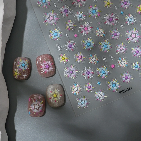 Stickers Pour Ongles Relief 5D Feux Artifice Colorés Étoile Gaufré Auto-Adhésif Imperméable Décoration DIY Pour Femmes