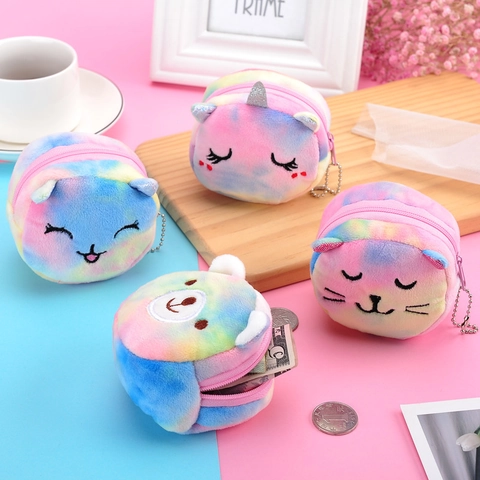 Mini Plush Coin Purse Tie Dye Animal Shaped Zipper Pouch Portable Keychain Bag Pendant For Coins Lipstick Earphones