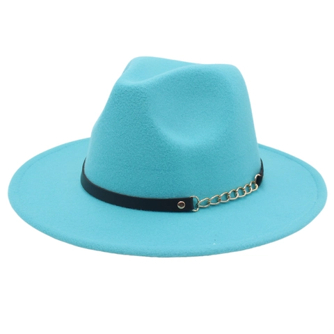 Wide Brim Fedora Hat With Chain Belt Vintage Felt Jazz Gentleman Panama Cap For Men And Women
