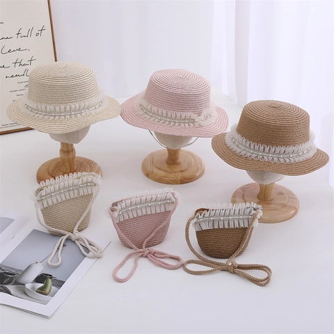 Sombrero De Paja Y Bolso Para Niñas Perla Artificial Encaje Protección Solar Playa Princesa Estilo Transpirable Lindo